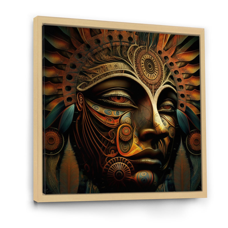 Ancien masque tribal Amazonien, H 24 po x l 24 po x P 1 po, Cadre naturel flottant