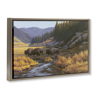 Bison Trailing Serene Stream Framed Floater Canvas Wall Art, design by Paco Young