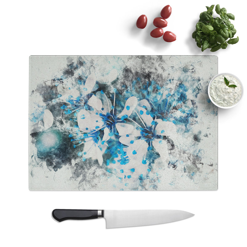 Blue Cherry Tree Flowers Watercolour Chopping Board, 0.4cm H x 20cm W x 28.5cm L