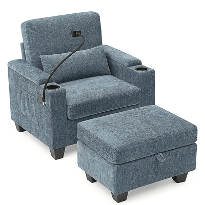 Canapé inclinable simple avec dossier réglable manuellement, port de charge USB sur le côté de l'accoudoir, support pour téléphone inclus, rangement des accoudoirs dissimulé et repose-pieds de rangement assorti - bleu