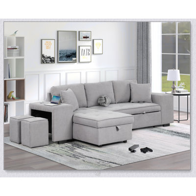104 Inch Pull Out Sleeper Sofa Reversible L-Shape 3 Seat Sectional With Storage Chaise For Modern Living