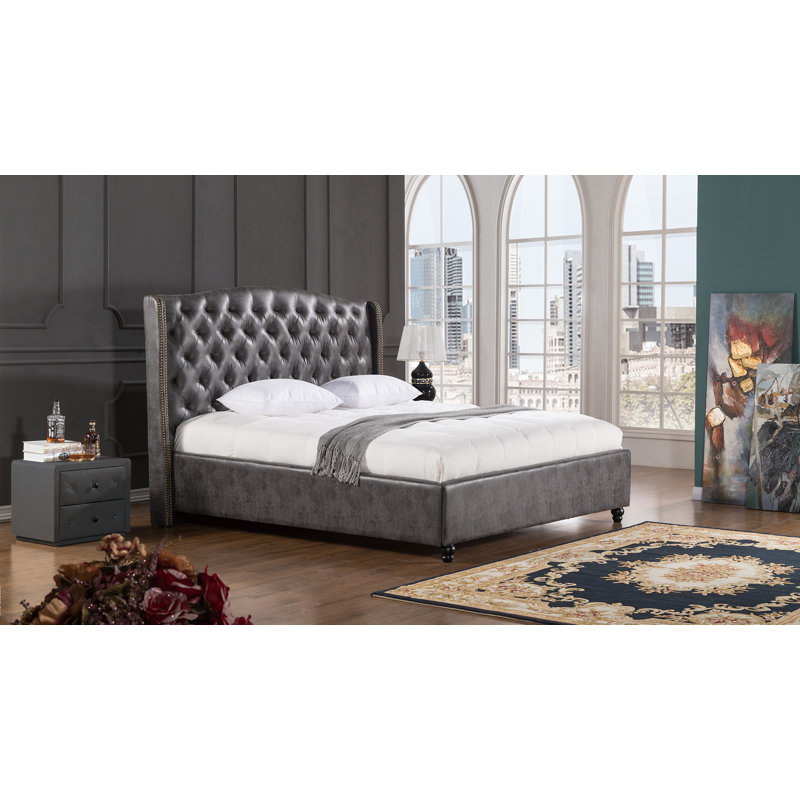 Maraya Vegan Leather Wingback Bed, Queen, Dark Gray