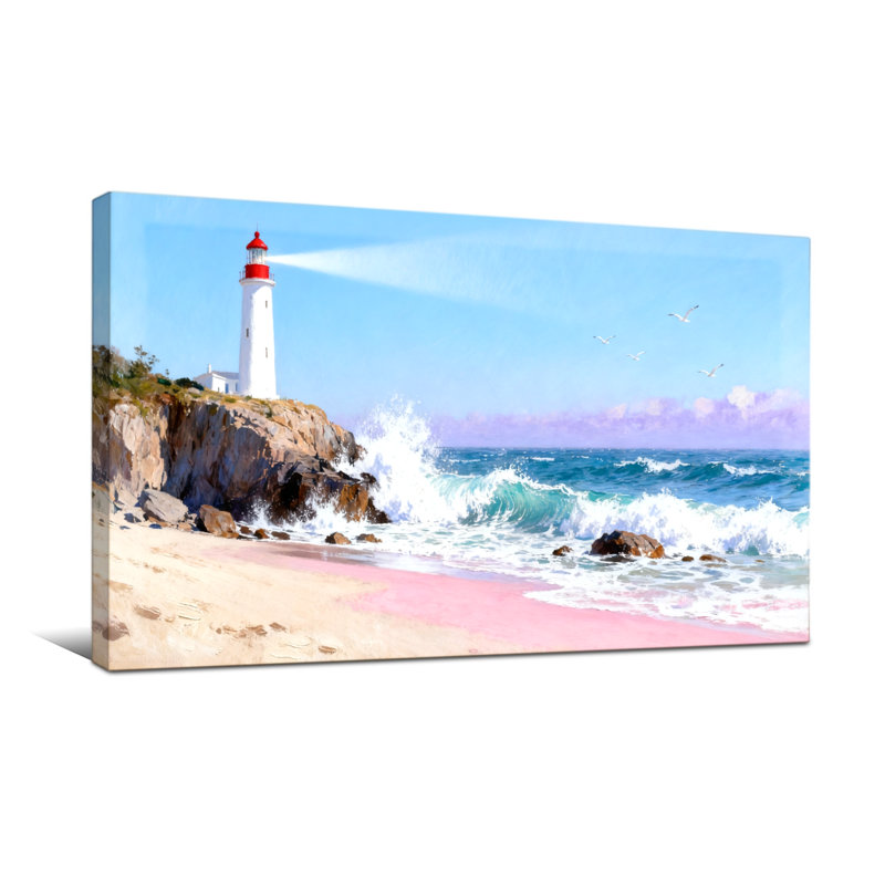 Nautique et plage, phare, vagues de la plage, ciel, oiseaux, roches, sable, océan, H 28 po x l 58 po
