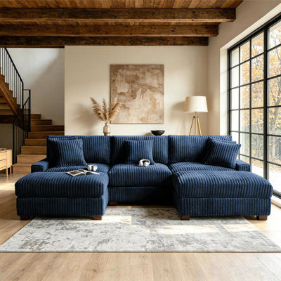 5 - Piece Upholstered Faux Rabbit Fur Flannel Modular Sectional Sofa with Throw Pillows & Removable Ottomans