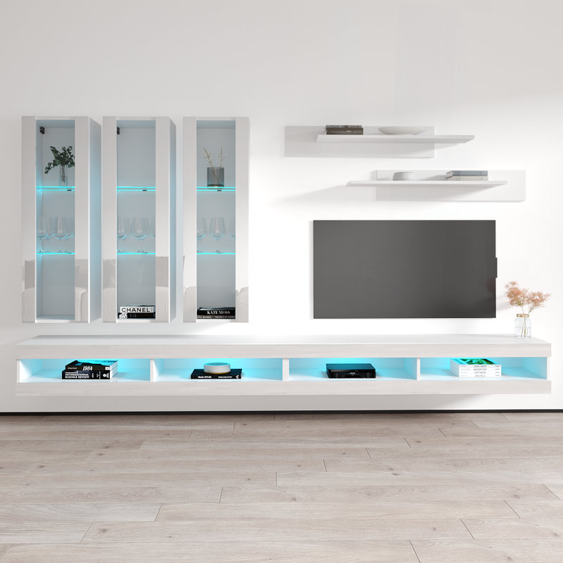Meuble audio-vidéo mural flottant avec éclairage à DEL 16 couleurs Flye, Blanc