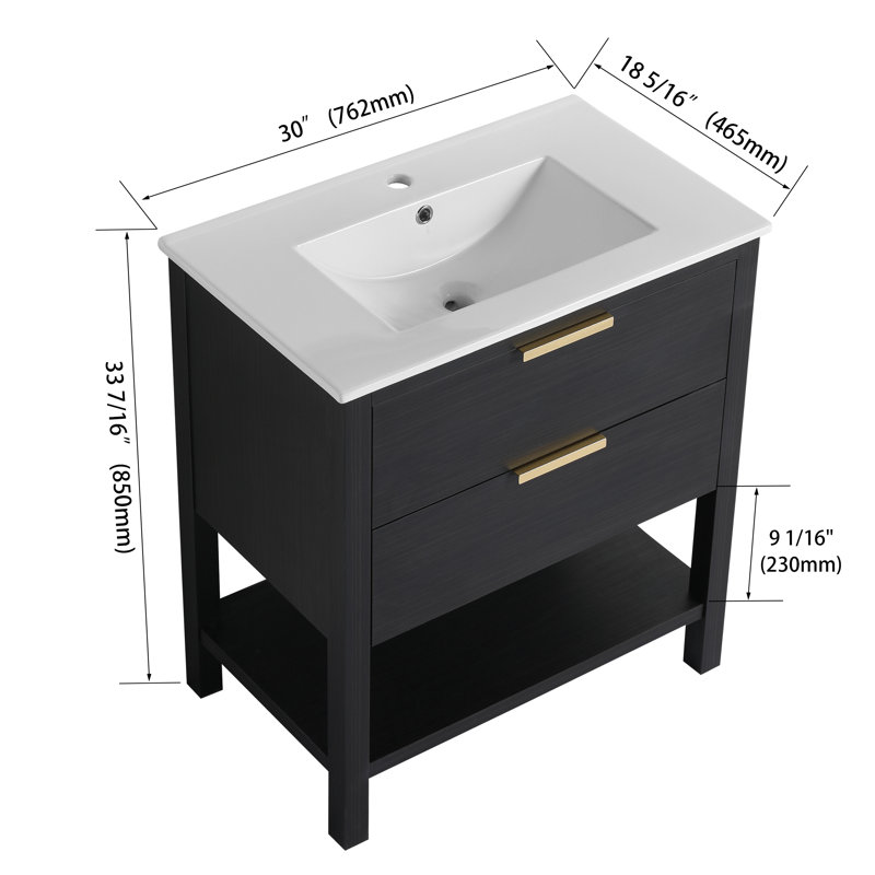 30" Single Freestanding Bathroom Vanity with Ceramic Basin Sink Top, Floor Standing Vanity With 2 Drawers And 1 Open Shelf