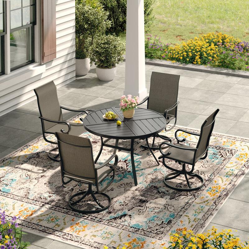 4-Person Outdoor Patio Dining Set With Swivel Chairs, Black/Brown