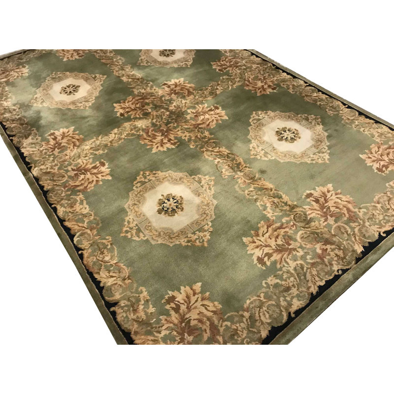 Hand-Knotted High-Quality Green Area Rug, Rectangle 5'9" x 8'9"
