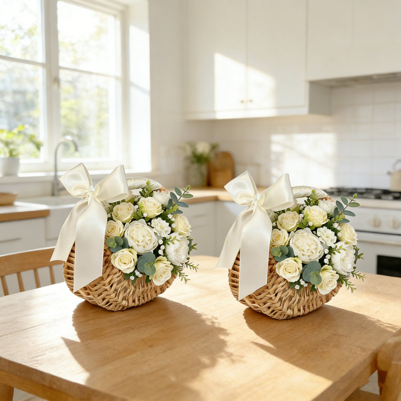 2 paniers décoratifs avec poignée et ruban à nœuds, panier à fleurs en osier rustique, panier décoratif pour mariage, Noël, nouvel an et fête