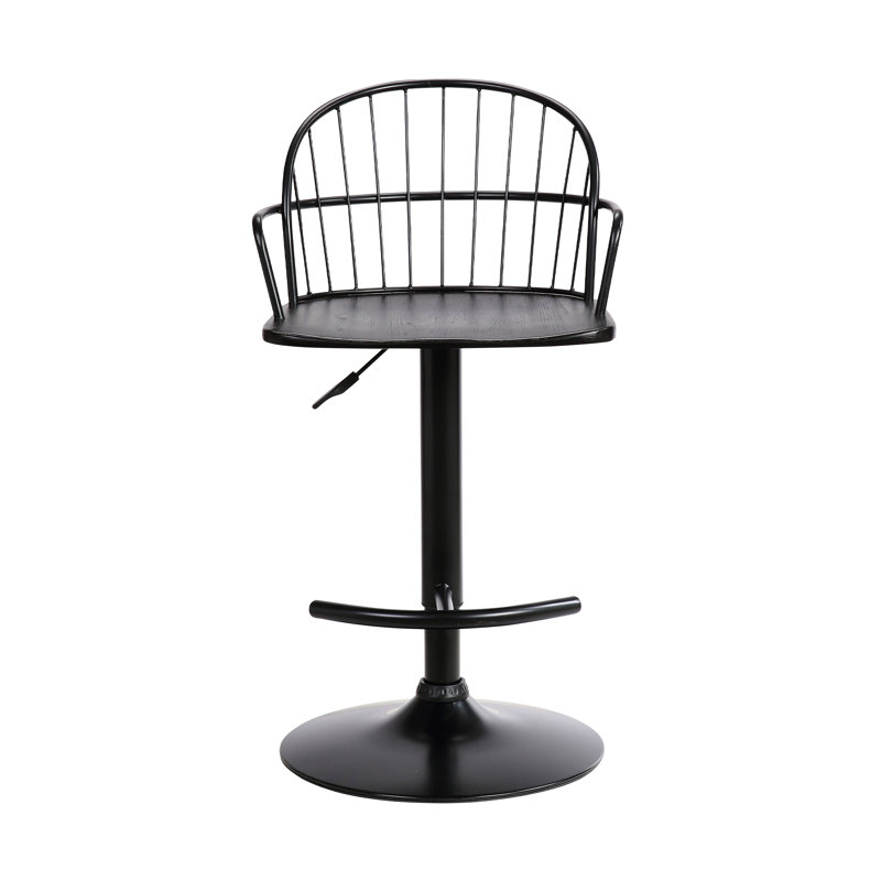 Virgilina Modern Swivel Adjustable Height Bar Stool with Arms and Pedestal Base in Wood, Metal, Black