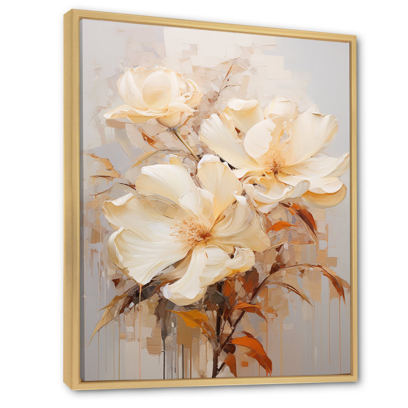Beige Hibiscus, peinture sur toile I, Cadre naturel flottant, H 40 po x l 30 po x P 1,5 po