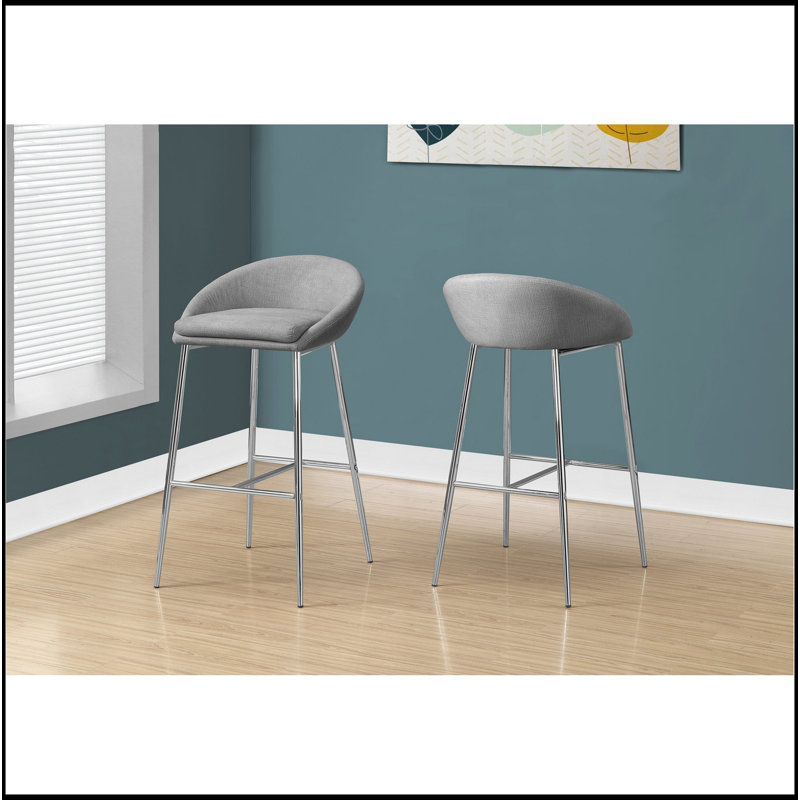 Tabouret de bar contemporain et moderne, ensemble de 2, hauteur de bar, métal chromé, tissu gris