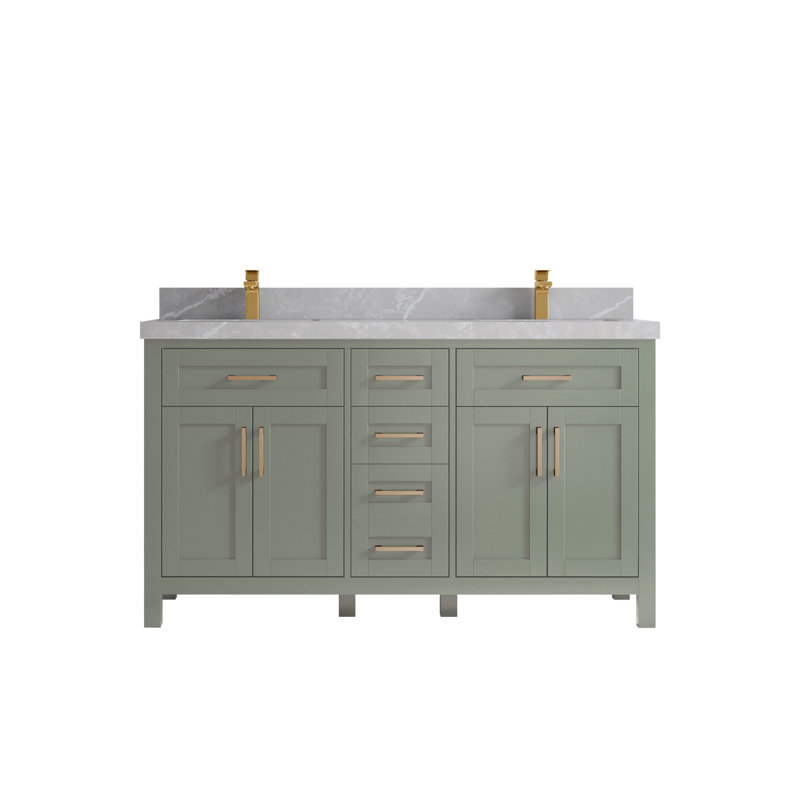 Meuble-lavabo double 60 po avec plateau en quartz Cambridge, Gris perle