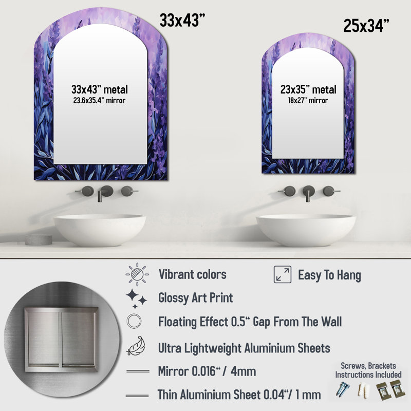 Lavande Serenity 1 - miroir unique asymétrique Herbs, grand miroir mural arqué mauve, impression d'art en métal