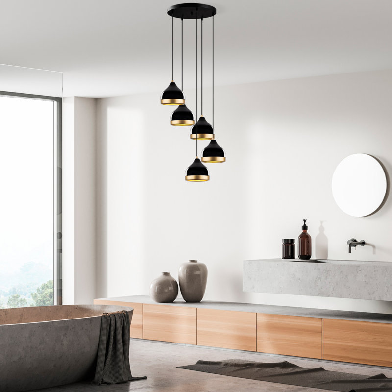 Lustre noir élégant avec hauteur réglable, capuchon de 17 x 6,3 pouces, 43 x 43 x 43,7 pouces | Corps en métal, 5 x douilles E27 (40 W maximum) | Parfait pour la salle à manger, le salon et le vestibule, design moderne