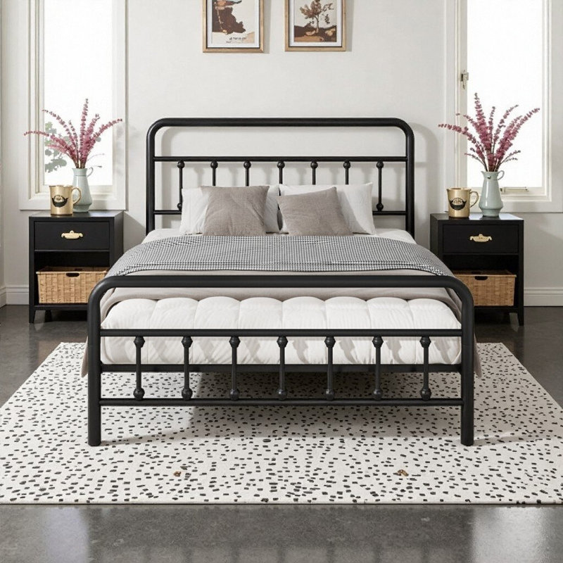 Cadre de lit double classique en métal noir avec tête de lit classique, rangement sous le lit - aucun sommier requis - L 77,5 po x l 56 po x H 42 po