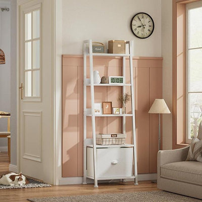Furologee 5-tier White Ladder Shelf, Ladder Bookshelf With Removable Drawer, Mordern Bookcase Storage Rack Organizer, Wood Metal Freestanding Storage