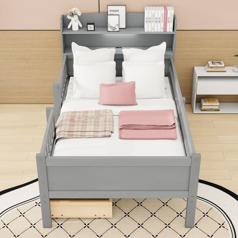 Lit plateforme simple avec éclairage à DEL et tiroirs de rangement intégrés, Gris