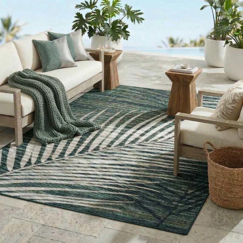 Palm Green Tan Machine Washable Indoor/Outdoor Rugs, Rectangle 6' x 9'