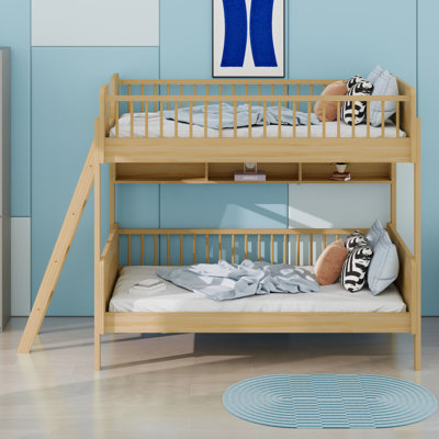 Lit superposé en bois avec 3 tablettes de rangement, l'échelle peut être changée à gauche ou à droite