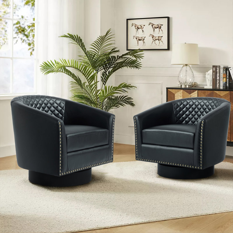 Bennett Upholstered Black Faux Leather Tufted Barrel Small Swivel Chair with Nailhead Trim, Black Faux Leather