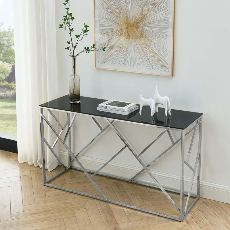 Console en verre, table de canapé avec structure en métal robuste et plateau en verre trempé, Chrome chrome