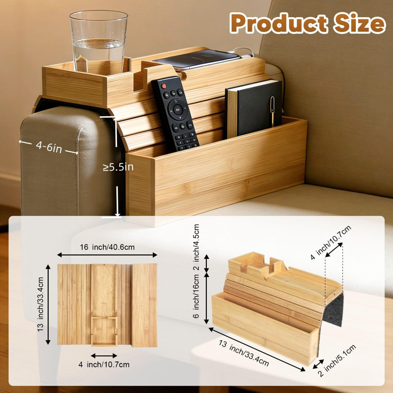 Foldable Sofa Armrest Tray With Storage, Anti-Slip Cup Holder & Coaster, Splash-Proof Remote Caddy For Snacks And Phones, (Natural)