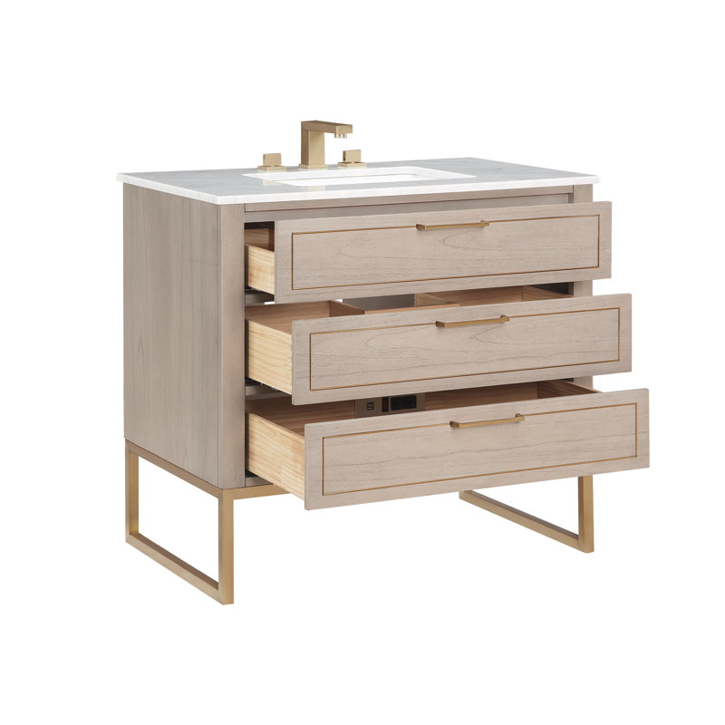 Markham 36'' W Single Vanity, Satin Brass, Cashmere Gray, Carrara Marble