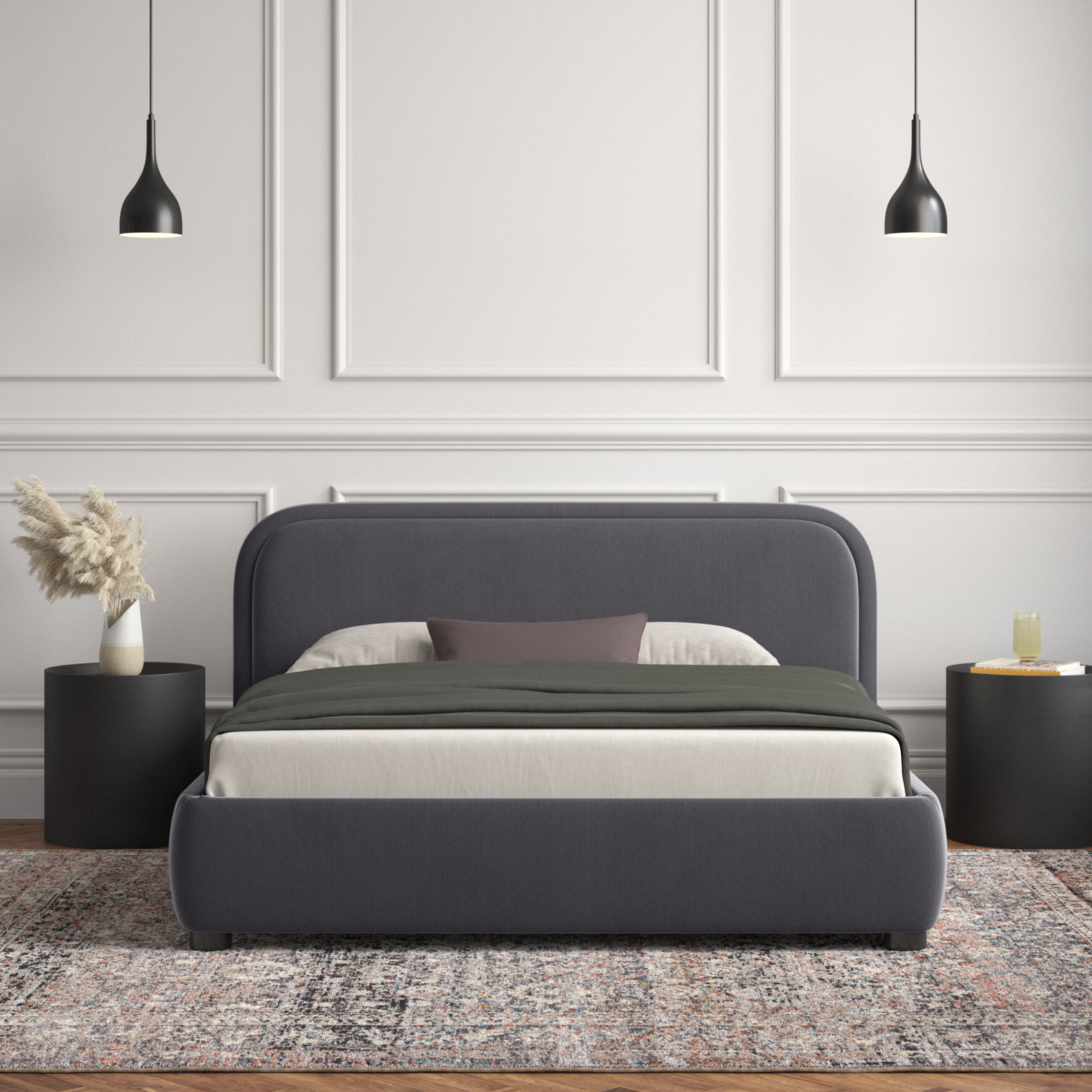 Shonda Upholstered Low Profile Platform Bed, King, Gray