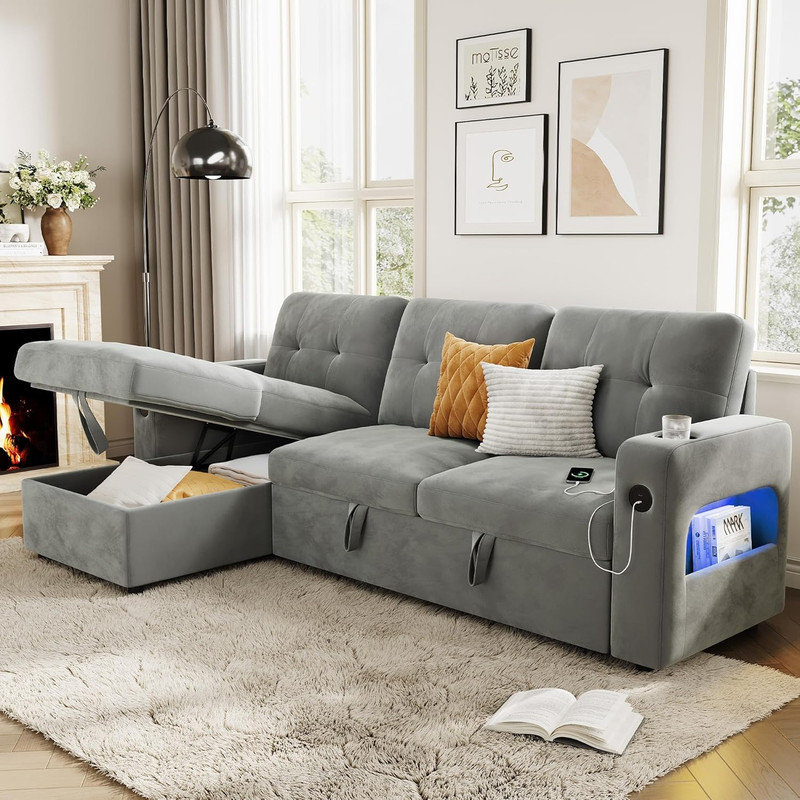 Canapé-lit modulaire en velours de 84 po avec station de rangement et de chargement en L 84 po