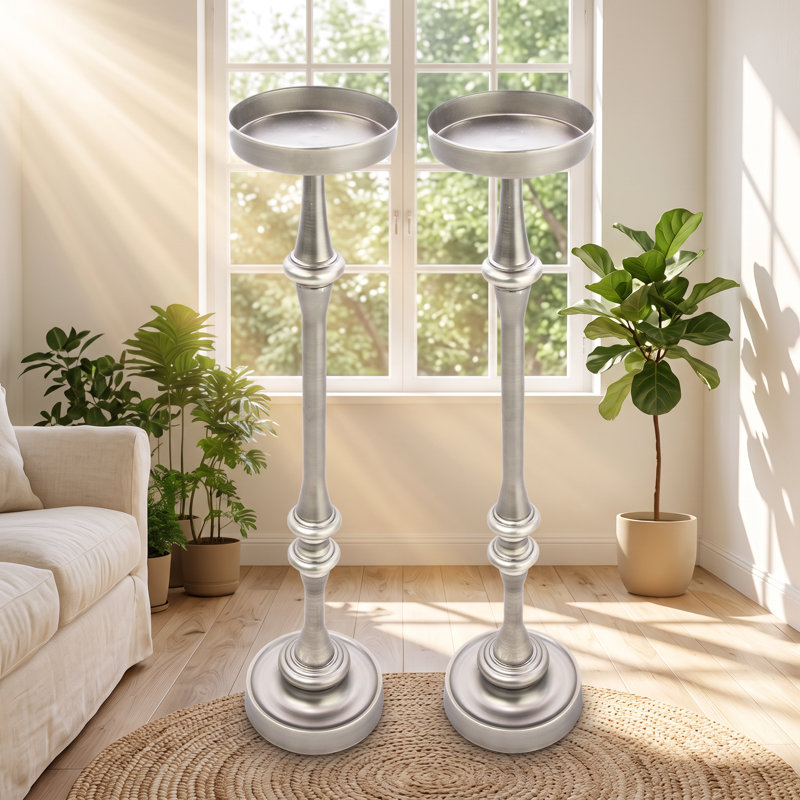Tables d'appoint rondes Martini en fer argenté brossé NRHG, 15,2 cm L x 15,2 cm P x 64,8 cm H (ensemble de 2)