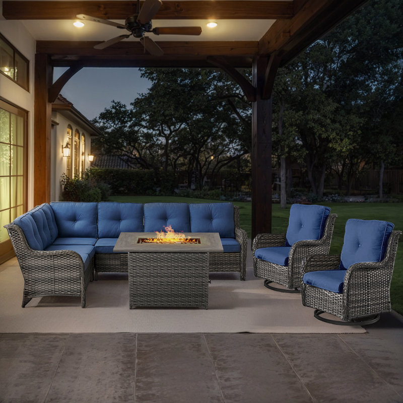 Dahlyla 8- Person Outdoor PE Wicker Sectional Seating Group with Fire Pit Table and Cushions, Gray, Blue
