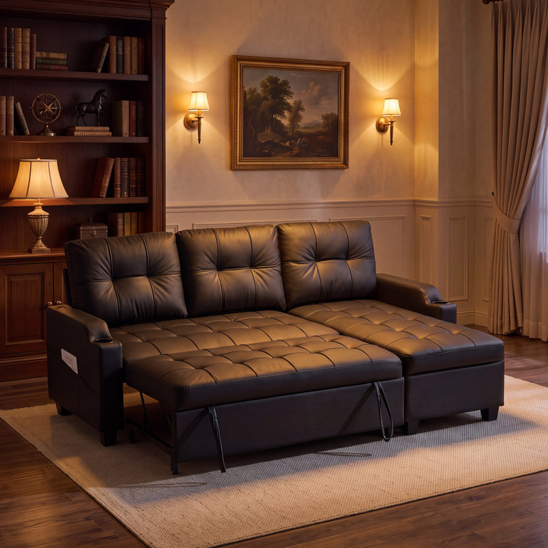 Canapé-lit escamotable en L en similicuir avec porte-gobelets de chargement USB et méridienne de rangement, Noir