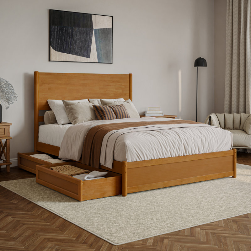 Lit plateforme en bois avec pied de lit et tiroirs de rangement Ronan, Caramel clair, Grand lit