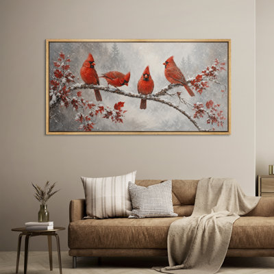 Red Cardinal Birds Snow Covered Branch Winter Nature Wall Decor - Large Framed Canvas Master Bedroom Wall Art Print