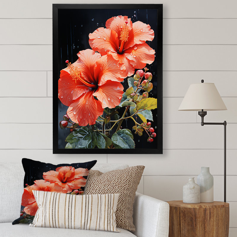 Hibiscus tropical - rose, Cadre photo noir simple, H 32 po x l 16 po x P 1 po