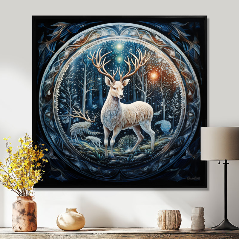 Cerf céleste avec des bois dans une forêt enchantée - art mural animal cerf, Toile avec cadre noir