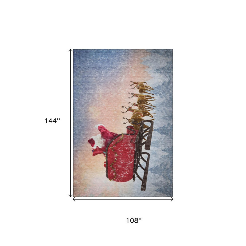 Tapis de Noël délavé 9 pi x 12 pi bleu, rouge et brun avec motif de père Noël