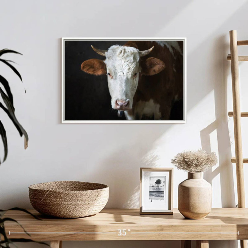 Visage de vache sérieux, Cadre flottant blanc, 19 po x 13 po
