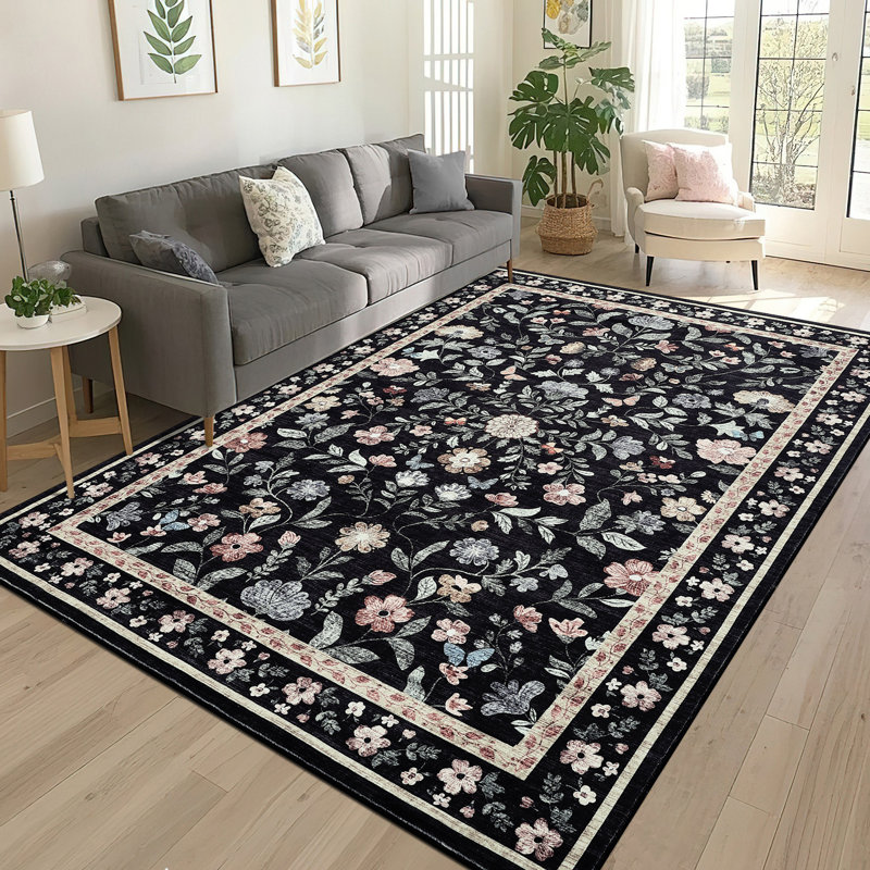 Washable Rugs Non Slip Area Rugs for Bedroom,Farmhouse Floral Carpets for Hallway,Dining Room,Bathroom,Nursery, Black