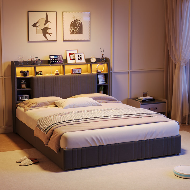 Upholstered Storage Bed, European Kingsize (160 x 200 cm), Grey