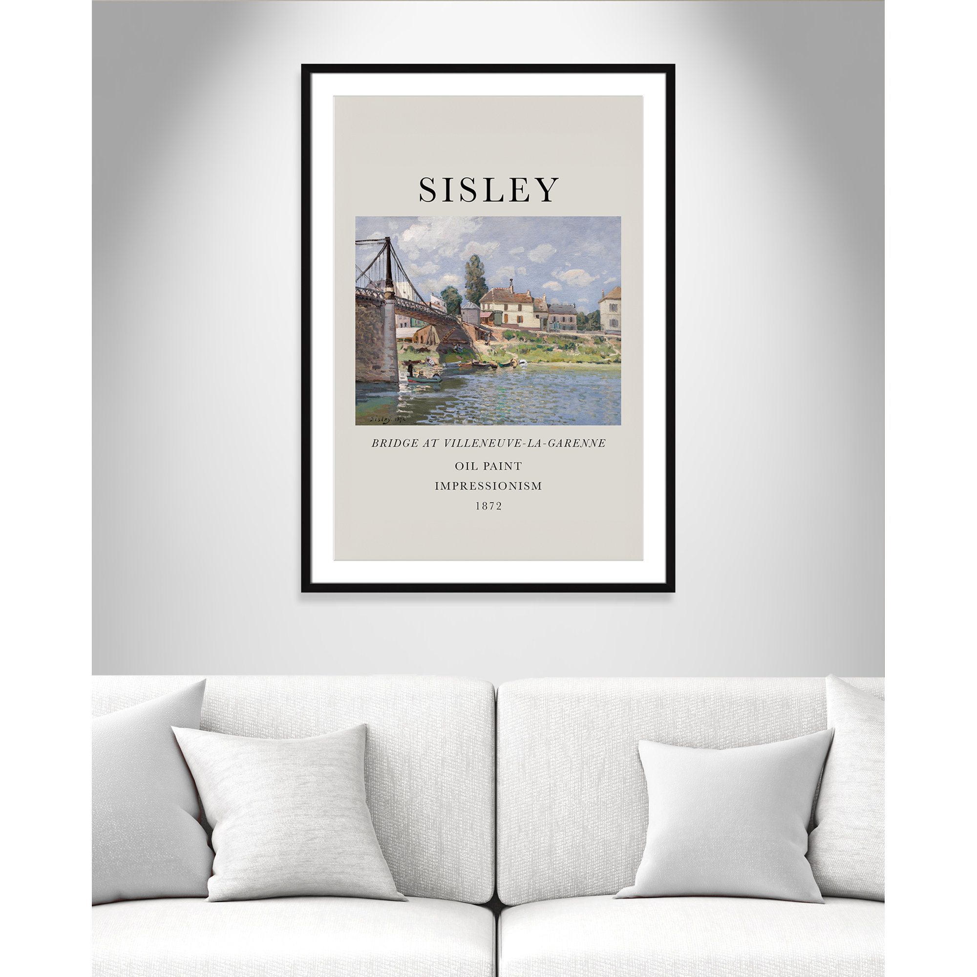 Old Masters Collection " The Bridge At Villeneuve " by Alfred Sisley, Black Single Picture Frame, Yes
