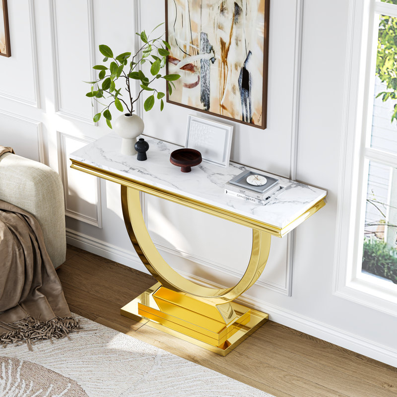 Console moderne 46,85 po en faux marbre avec base, Blanc, Or