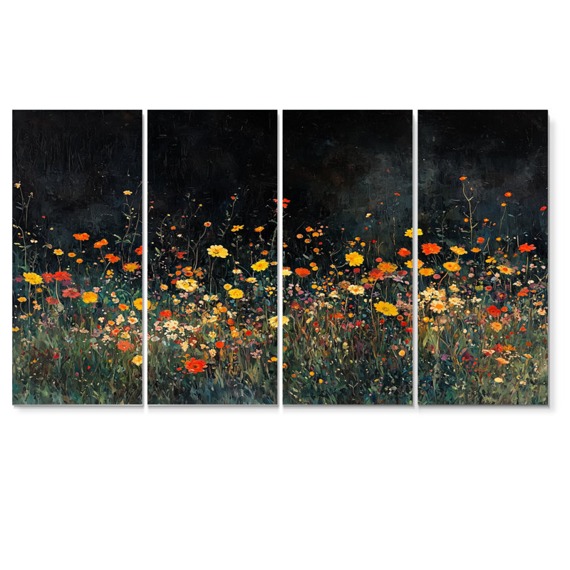 Fleurs jaunes jaunes en pleine nuit prairie I - Art mural fleurs sauvages - ensemble de 4 décorations murales traditionnelles