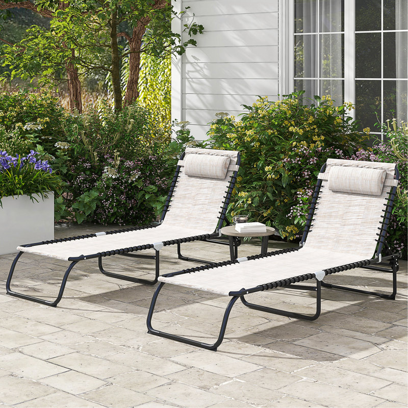 Folding Chaise Lounge Pool Chair Set Of 2, Patio Sun Tanning Chair, Outdoor Lounge Chair With 4-Position Reclining Back, Breathable Mesh Seat For Beach, Yard, Patio, Cream