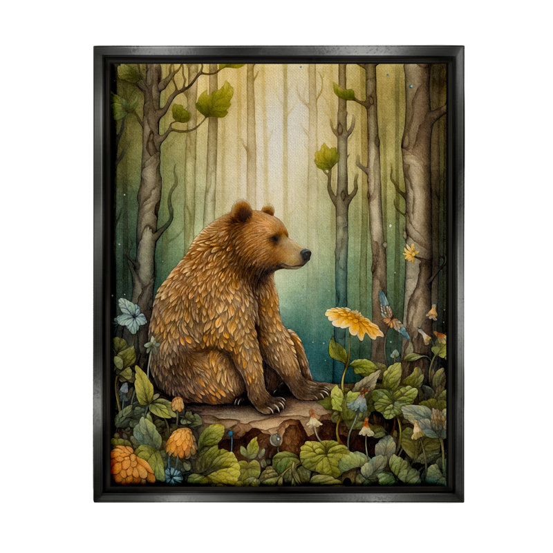 Ba-424 - Ours flottant dans une forêt magique, peinture sur toile par The Dutch Lady, Cadre flottant noir de jais