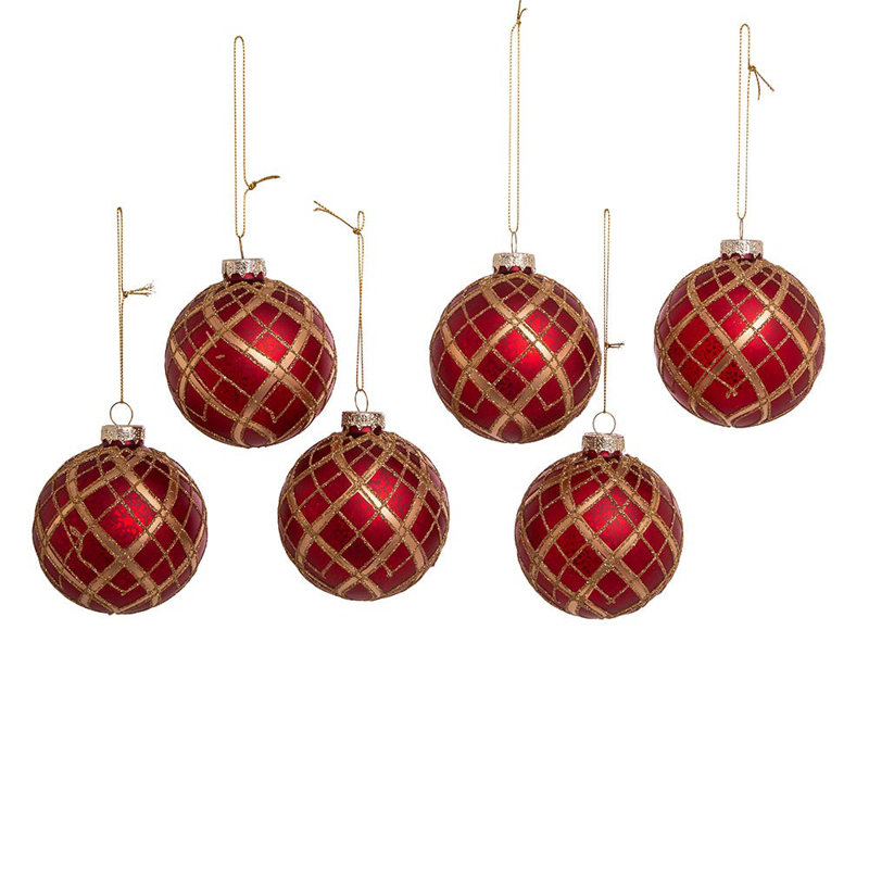 Ensemble d'ornement boule en verre écossais 6 pièces, Rouge / plaid or
