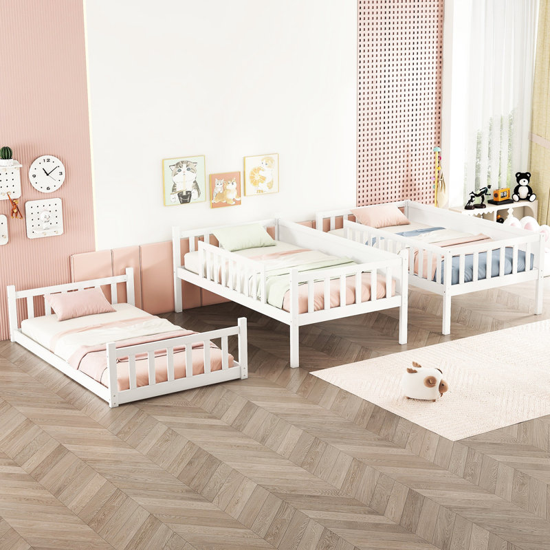 Lit simple superposé simple en bois d'hévéa blanc détachable avec échelles et barrières de sécurité pour chambre à coucher, taille triple, fabriquée en
