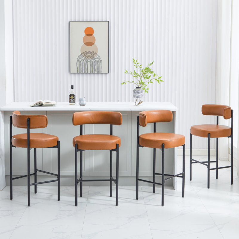 30" Faux Leather Upholstered Bar Stool with Curved Back and Metal Frame, Whisky Brown, 4