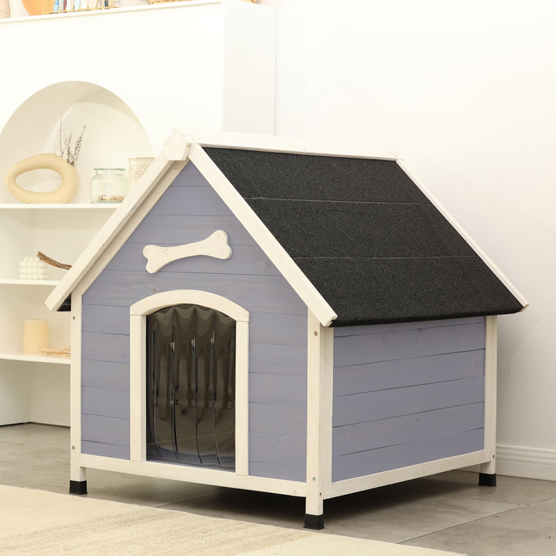 33''  Wood Dog House Wooden Dog Polymer Reinforced Weatherproofing Roofing Resistant Kennel for Outdoor, Gray